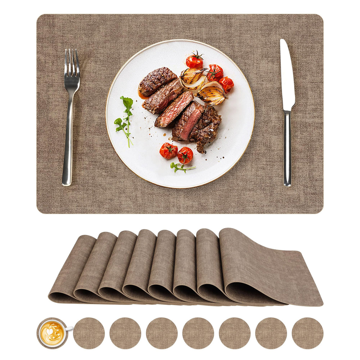 NCUE Vinyl Placemats Set of 8, 17"x12" Wipeable Place Mats with Coasters