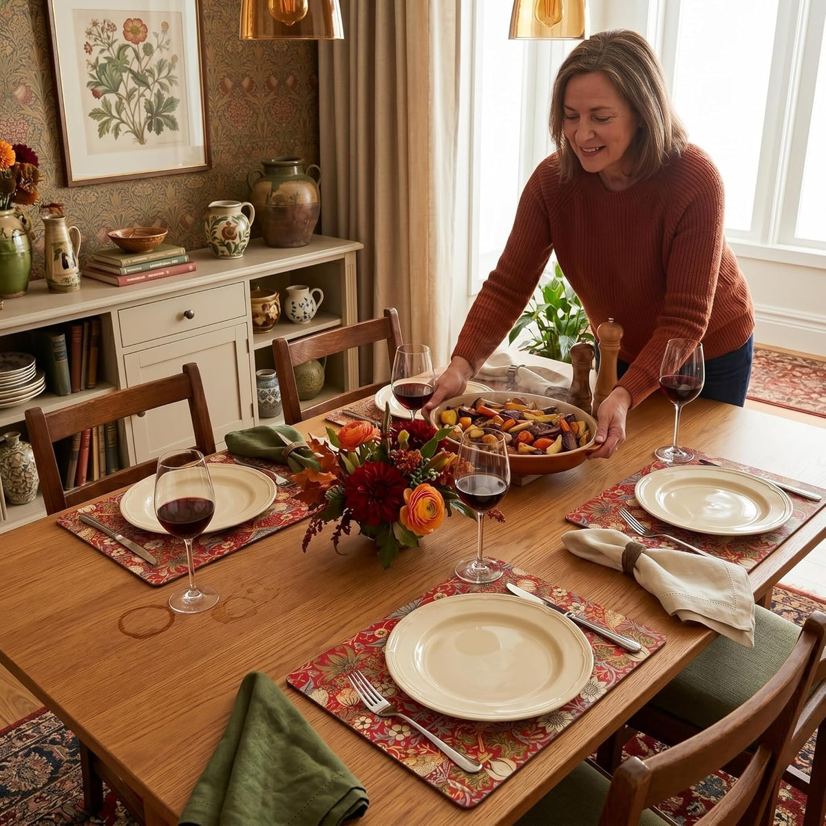 Pimpernel Morris & Co Strawberry Thief Red Placemats, Set of 4 - Heat & Stain Resistant, Cork Back Table Mats Featuring Classic Birds & Botanical Design - Minimal Tableware for Hosting