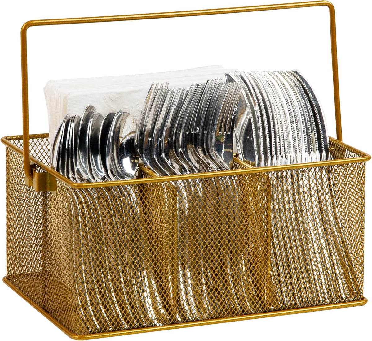 Mind Reader Multi-purpose Storage Caddy with Handle, Desktop Organizer, Cutlery Holder, 4 Compartments, Metal Mesh, Gold