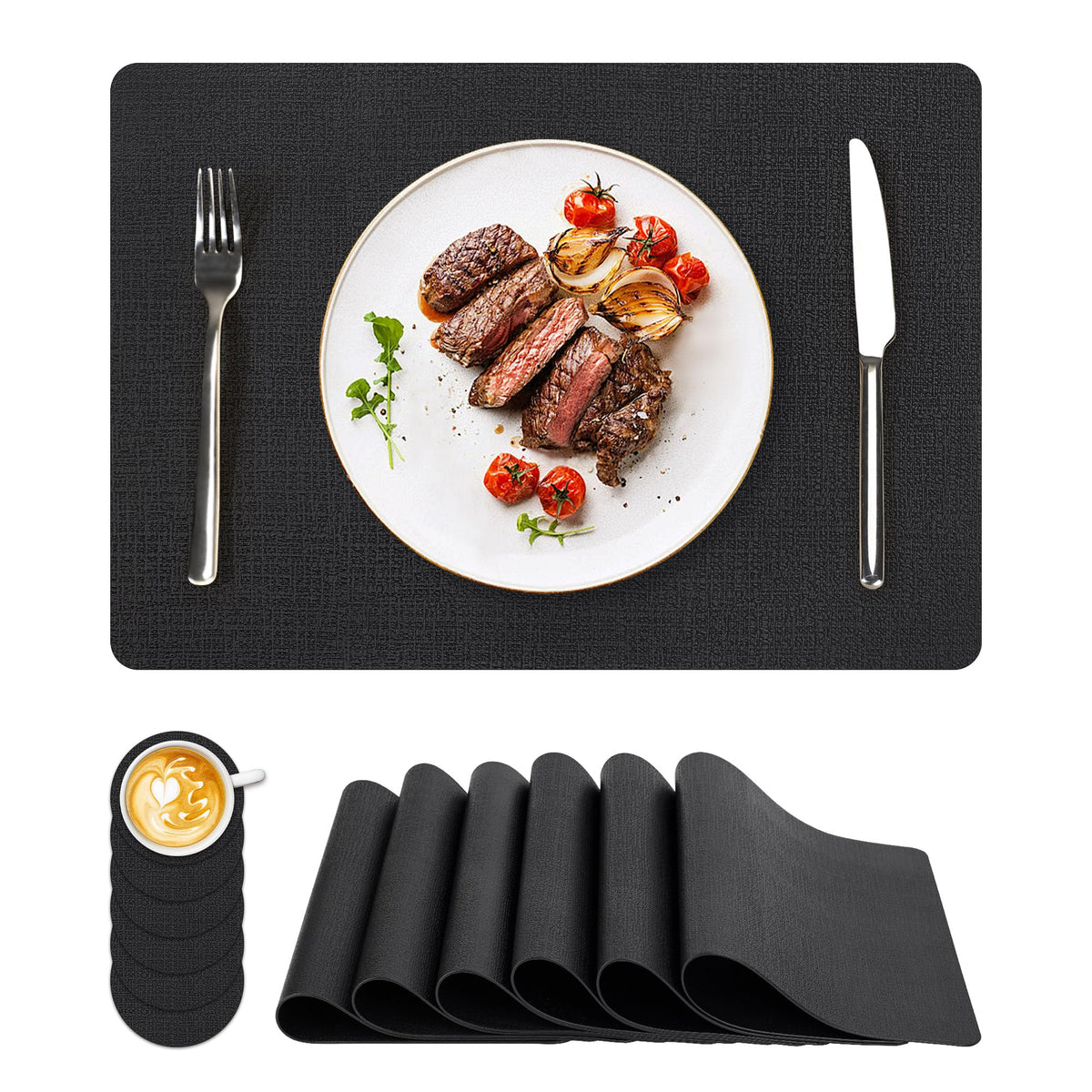 NCUE Vinyl Placemats Set of 8, 17"x12" Wipeable Place Mats with Coasters