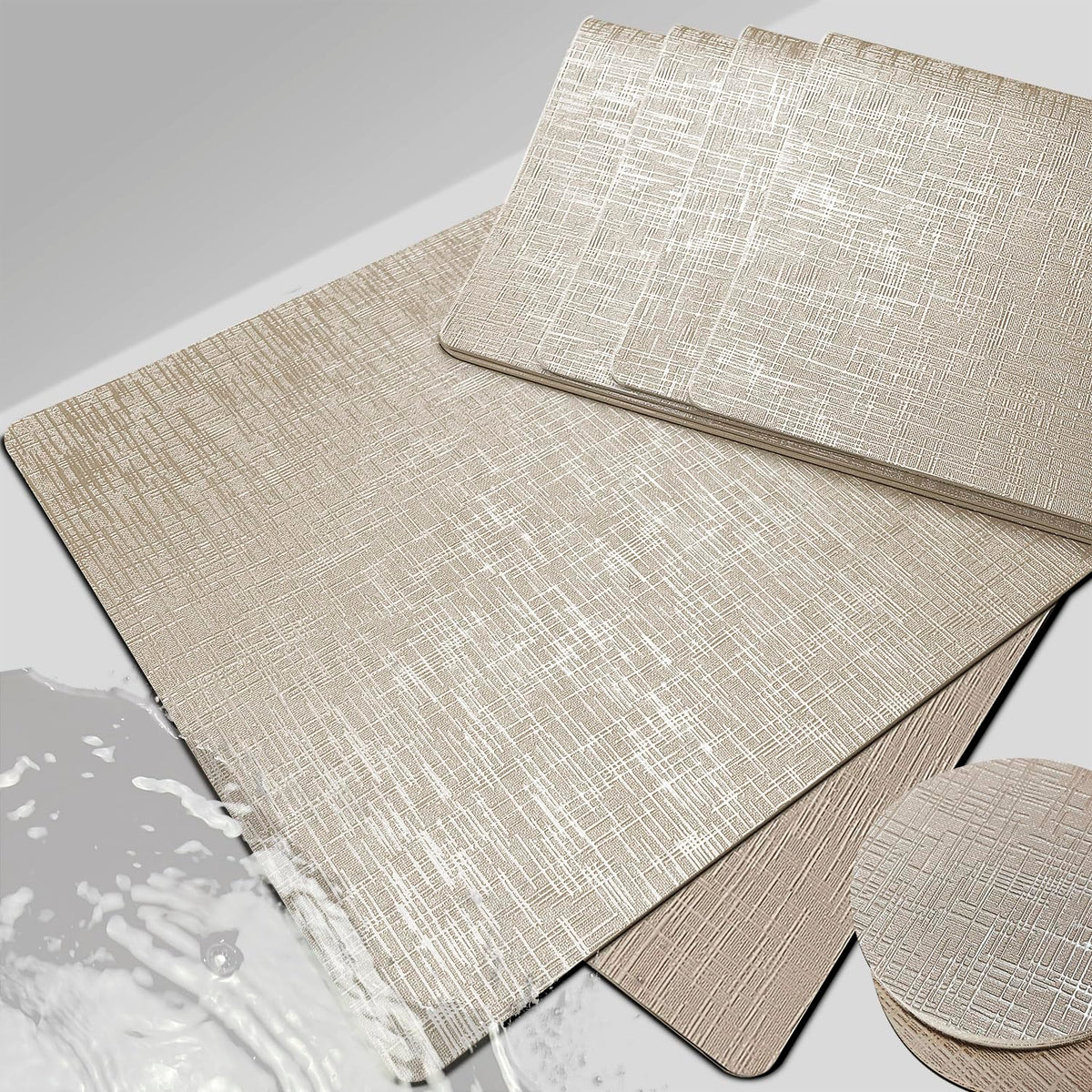Elegant Placemats and Coasters Set 6, Vinyl Washable Place Mats with Non-Slip Stripes & Metallic Finish, Durable Dining Table Placemats Sets of 6, Dinner Table Mat with Coasters for Table Decor-Silver