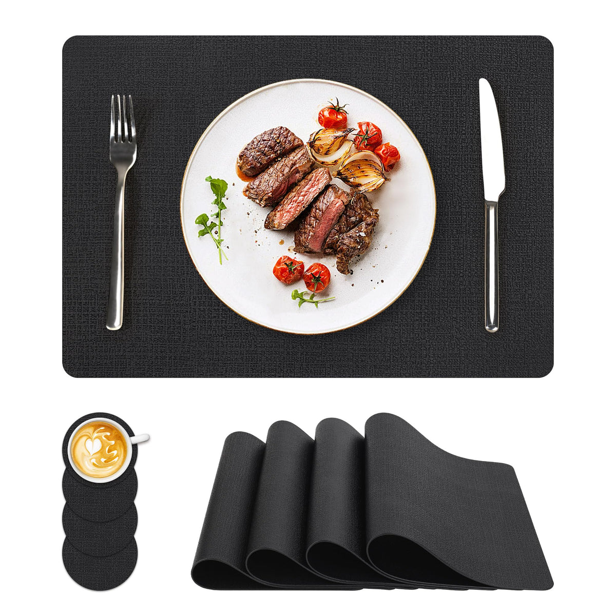 NCUE Vinyl Placemats Set of 8, 17"x12" Wipeable Place Mats with Coasters