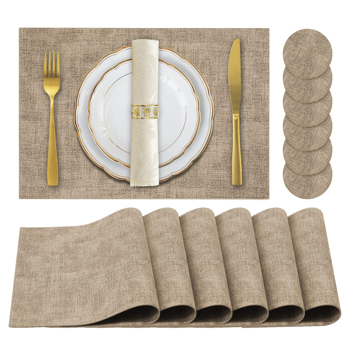 Faux Leather Placemats Set of 6,Heat Resistant Placemats for Dining Table, Easy Clean Non-Slip Place Mats, Waterproof Stain Resistant Wipeable Washable PU Table Mats, (Coffee)