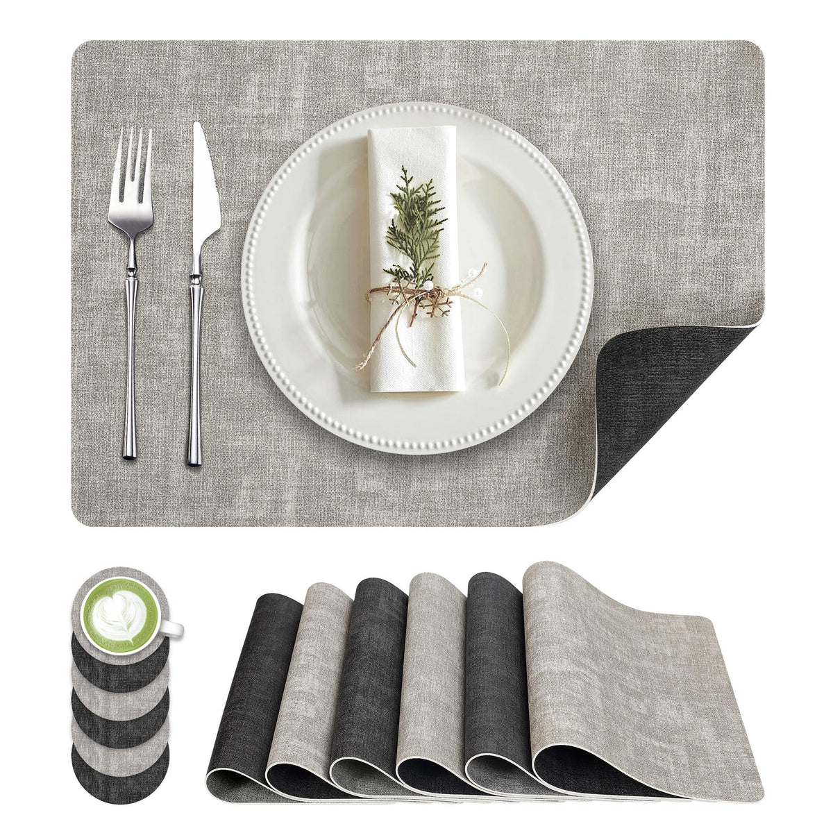 Fyvva Placemats Set of 6, 13" Round Reversible Faux Leather with Coasters