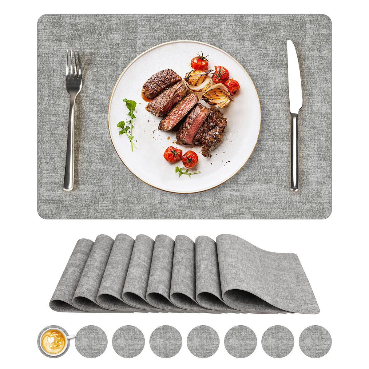 NCUE Vinyl Placemats Set of 8, 17"x12" Wipeable Place Mats with Coasters