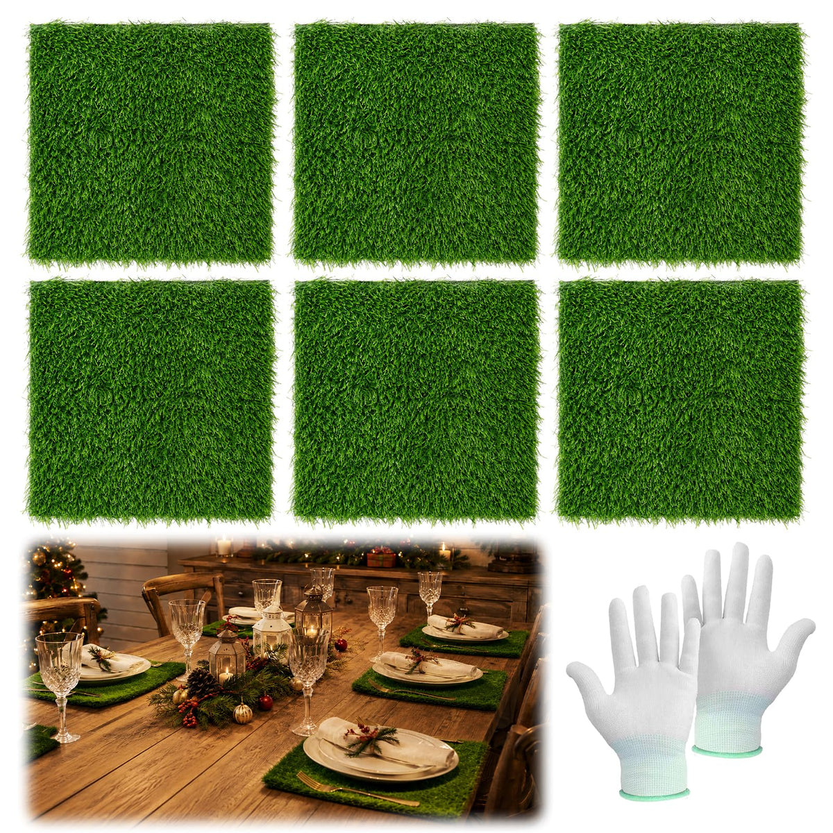 7pcs Golf Artificial Grass Placemats and Table Runner Set, Realistic Green Fake Grass Table Decor, Golf Centerpieces for Table, Non Slip Turf Table Runner for Golf Party (placemat Set)