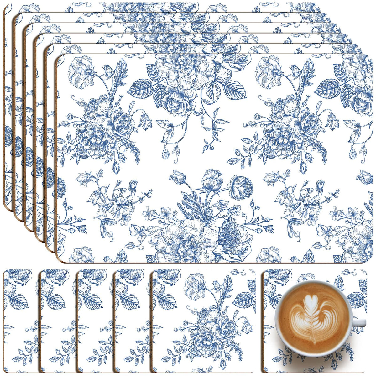 6 Sets Blue and White Floral Cork Placemats with 6 Coasters, 16x12 Inches Heat Resistant Cork Backed Table Mats, Square Coasters for Rustic Kitchen Dinner Table Setting Supplies