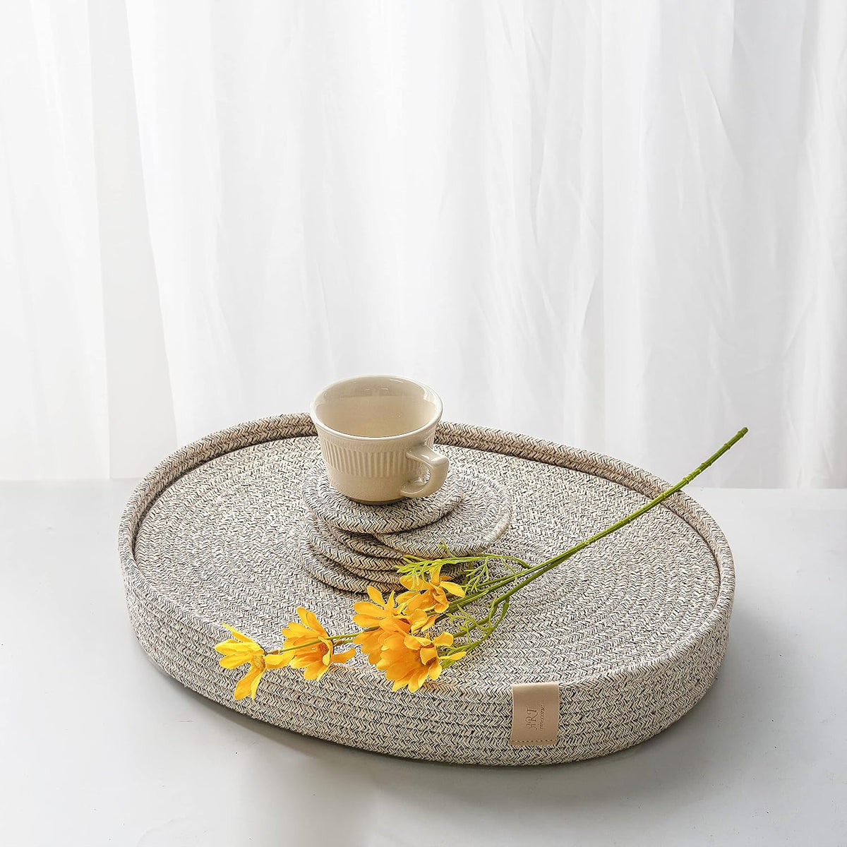 Oval Placemats Set of 6 with Coasters & Holder, Taupe Mix