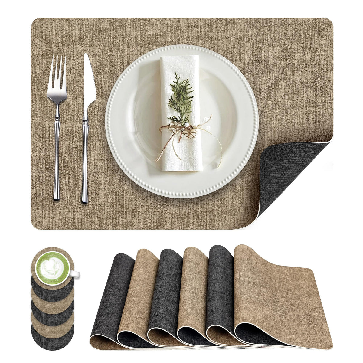 Fyvva Placemats Set of 6, 13" Round Reversible Faux Leather with Coasters