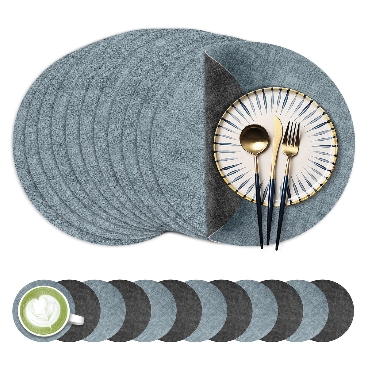 Fyvva Placemats Set of 6, 13" Round Reversible Faux Leather with Coasters