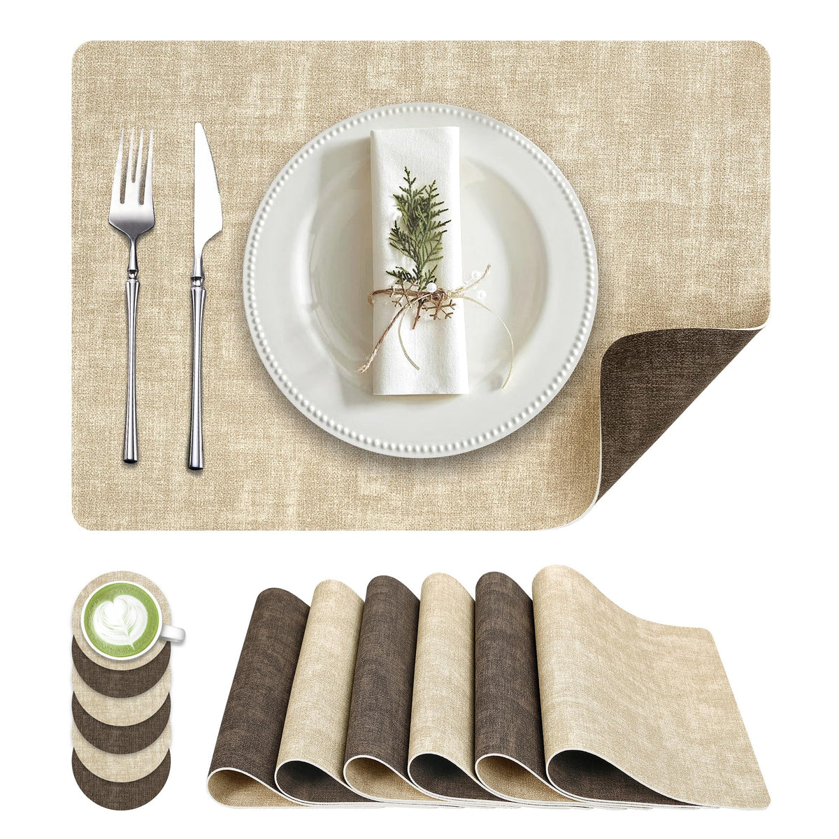 Fyvva Placemats Set of 6, 13" Round Reversible Faux Leather with Coasters
