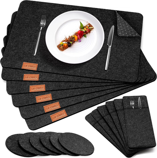 6 Placemats, 6 Coasters & 6 Cutlery Bags, Dark Gray Felt Table Mats