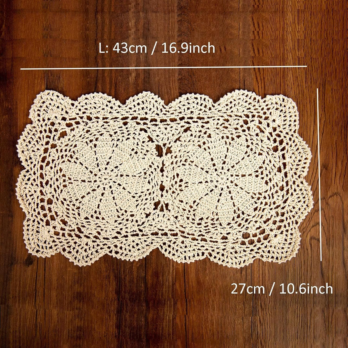 Eiyye Handmade Rectangle Doilies, 2-Piece Handmade Crochet Cotton Doilies Lace Table Crochet Placemats Coaster 10.6x16.9 inch (Beige)