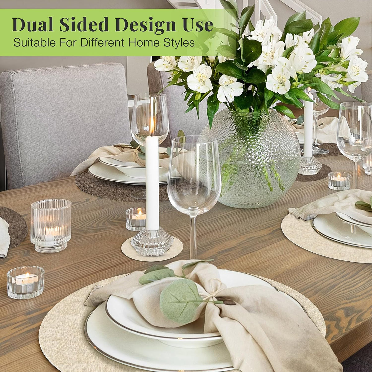 Fyvva Placemats Set of 6, 13" Round Reversible Faux Leather with Coasters