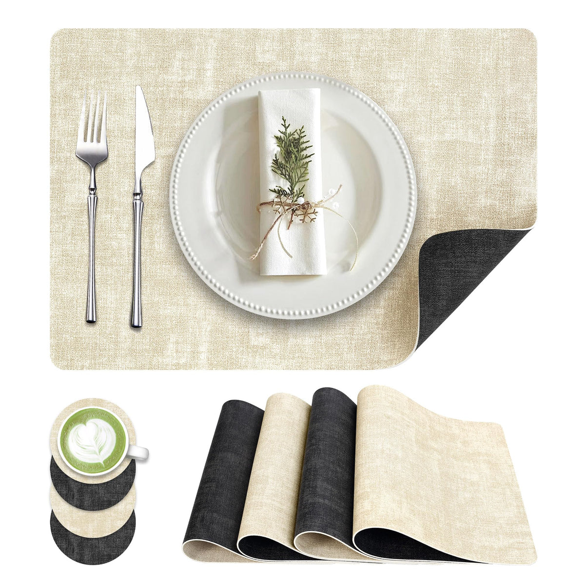 Fyvva Placemats Set of 6, 13" Round Reversible Faux Leather with Coasters