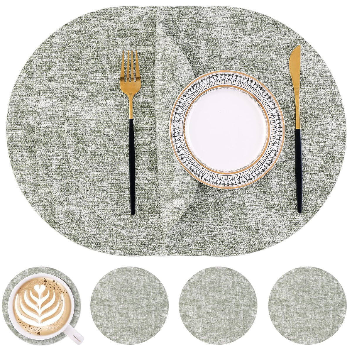 Homaxy Round Faux Leather Placemats and Coasters, Set of 4, Beige
