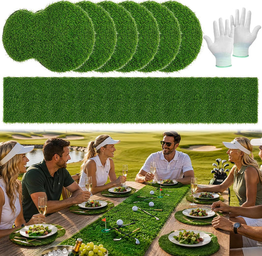 7pcs Golf Artificial Grass Placemats and Table Runner Set, Realistic Green Fake Grass Table Decor, Golf Centerpieces for Table, Non Slip Turf Table Runner for Golf Party (placemat Set)