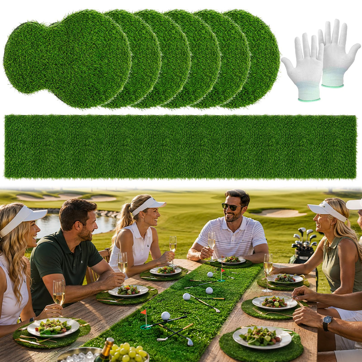 7pcs Golf Artificial Grass Placemats and Table Runner Set, Realistic Green Fake Grass Table Decor, Golf Centerpieces for Table, Non Slip Turf Table Runner for Golf Party (placemat Set)