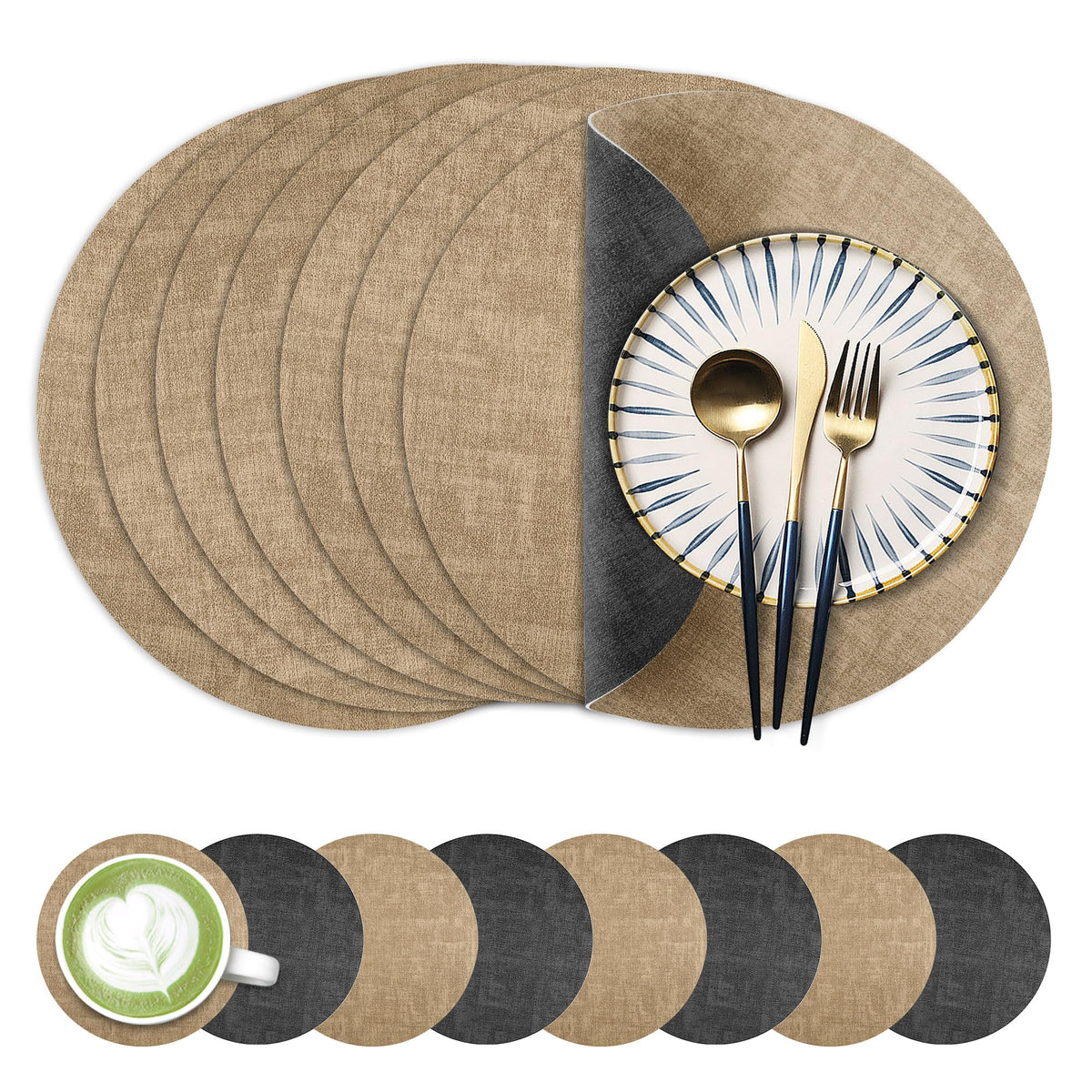 Fyvva Placemats Set of 6, 13" Round Reversible Faux Leather with Coasters