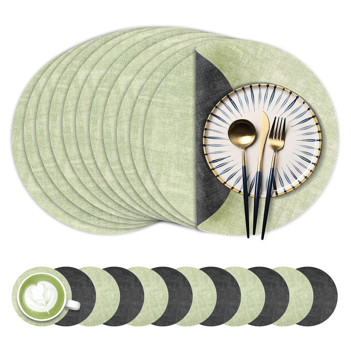 Fyvva Placemats Set of 6, 13" Round Reversible Faux Leather with Coasters