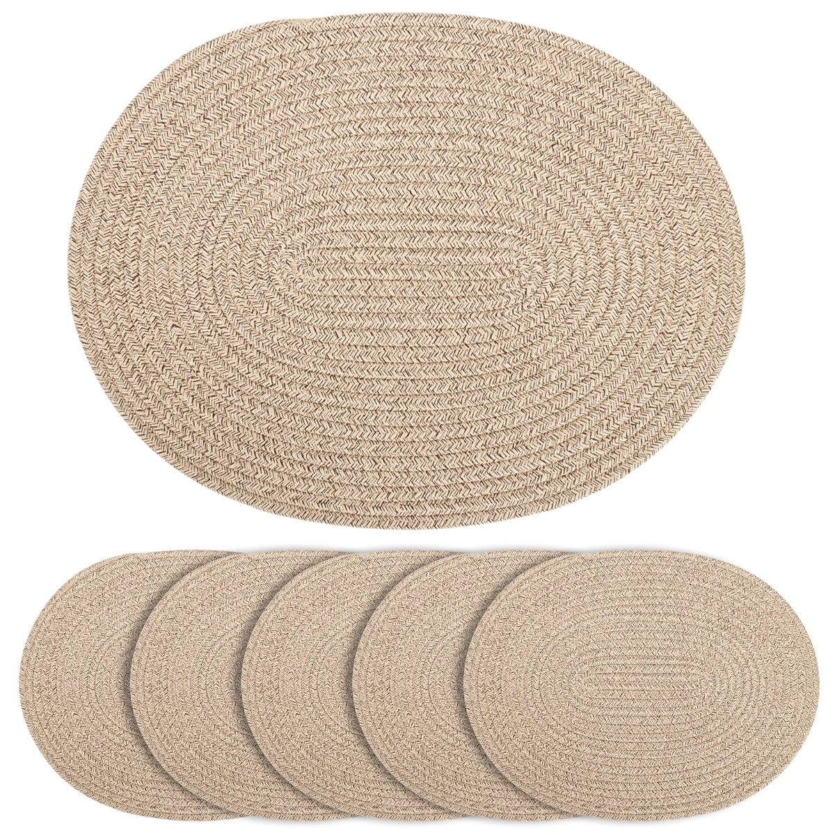 Oval Woven Cotton Placemats Set of 6, Thick Braided Rope Table Mats, 17 x 13 Inches Large Non Slip Heat Resistant Place Mats for Dining Table, Farmhouse Boho Hot Pads for Kitchen Decor (6, Black)
