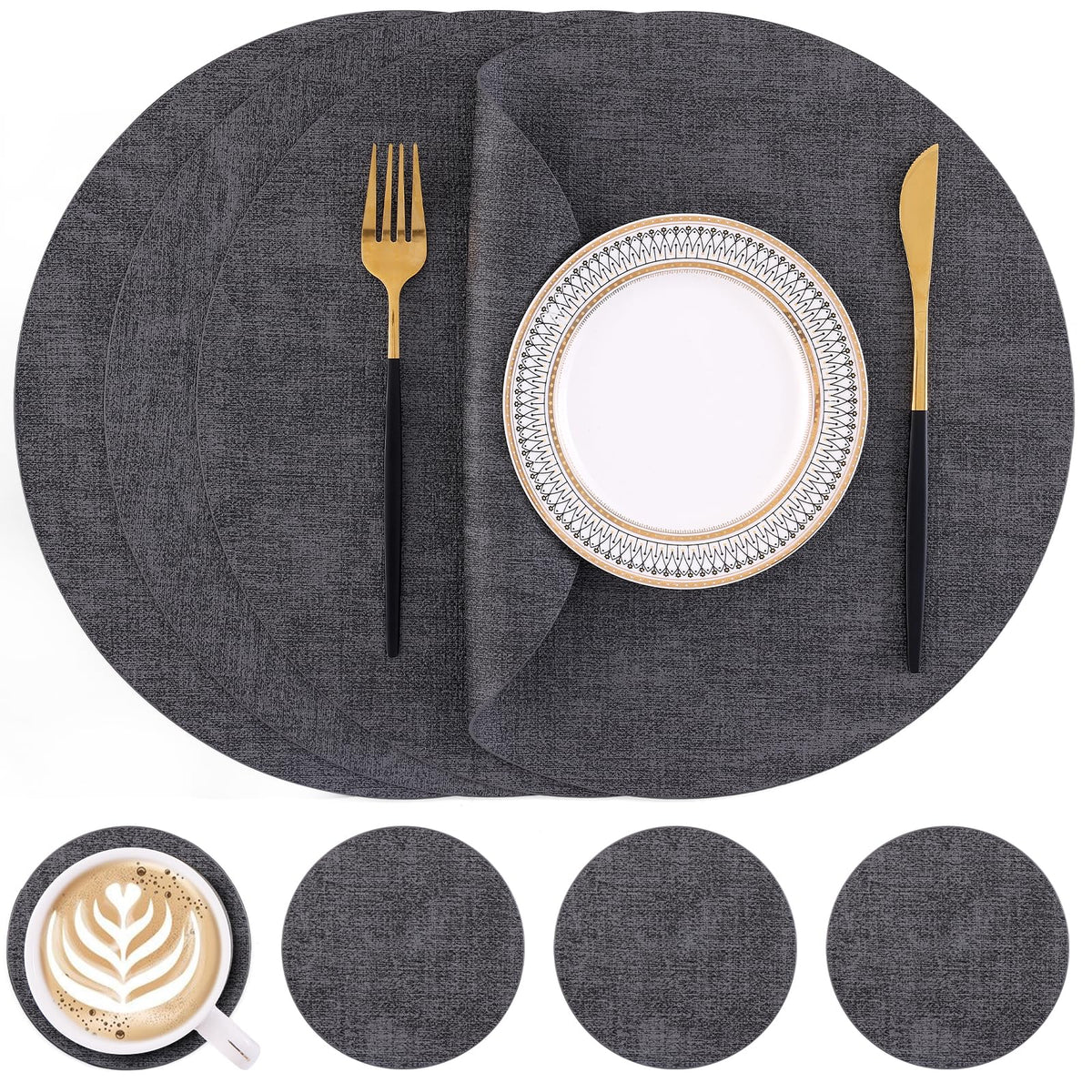 Homaxy Round Faux Leather Placemats and Coasters, Set of 6, Beige