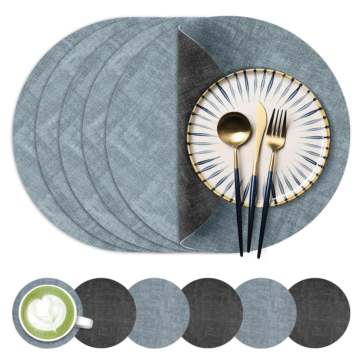 Fyvva Placemats Set of 6, 13" Round Reversible Faux Leather with Coasters