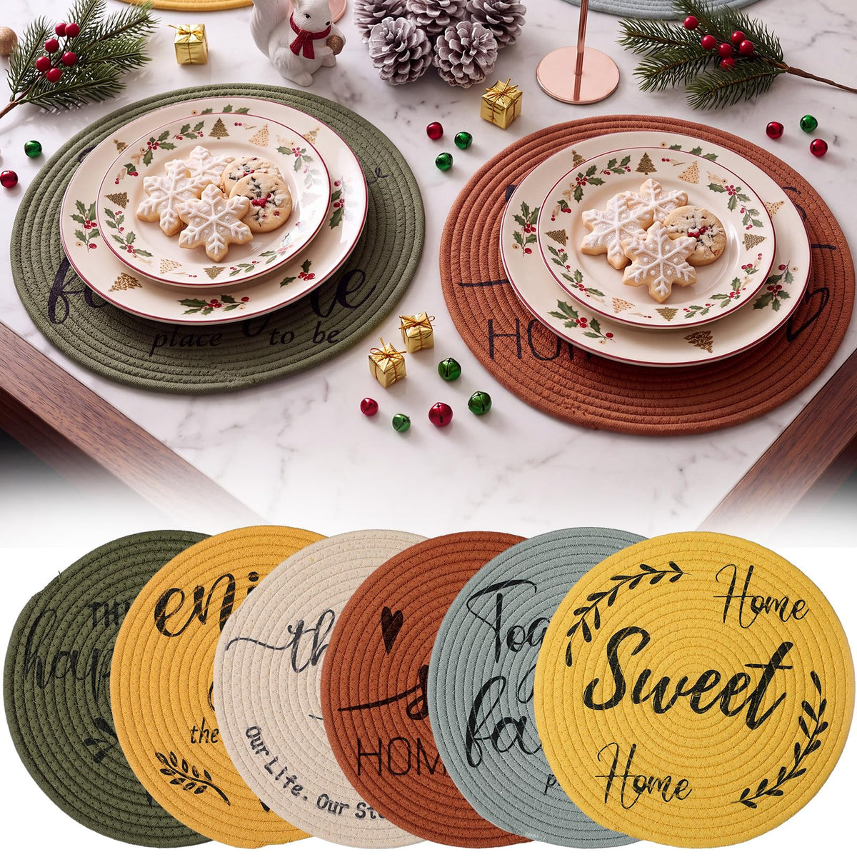 13 Inch Round Cotton Placemat Set of 6 Woven Boho Coasters Table Mats Dining Table Setting Decor Washable Heat Resistant Farmhouse Circle Place Mats for Home Accessories(Brown)