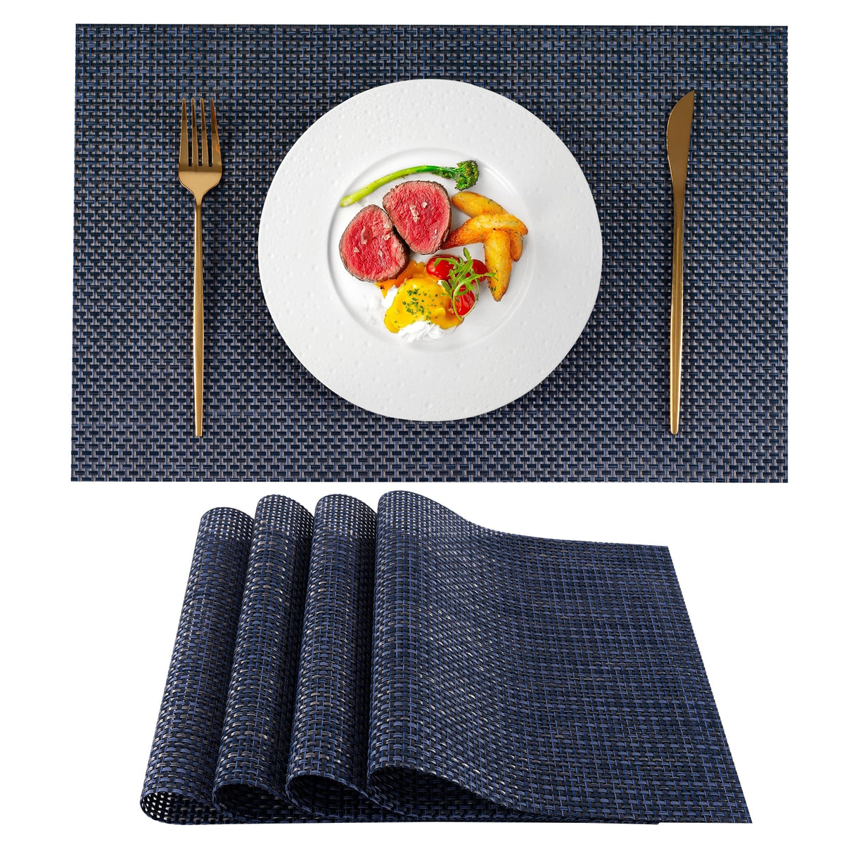 Placemats Set of 4 - Both-Side Usable Green & Gray Place Mats Durable Plastic Vinyl Woven Mats for Dining Table Deco, Heat-Resistant Table Mats Anti-Slip Wipeable (17.7 x 11.8 inch)