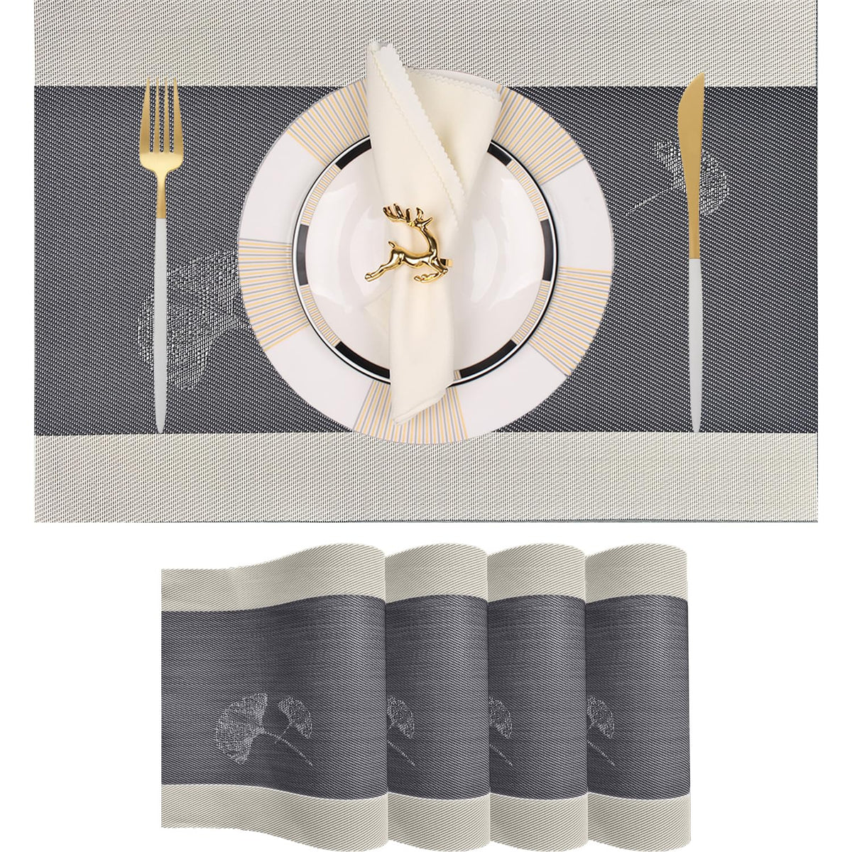 PIGCHCY Beige Placemats Set of 4 Vinyl PVC Durable Place Mats for Dining Table,Heat Resistant Non-Slip Woven Tabel Mats (18x12 inches, Beige)