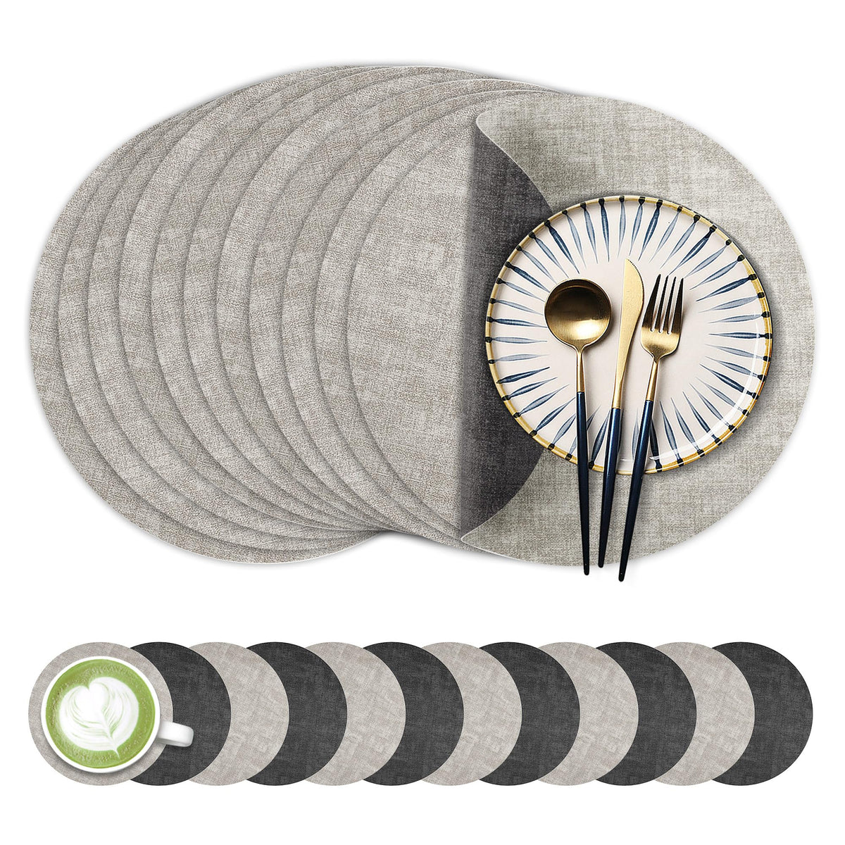 Fyvva Placemats Set of 6, 13" Round Reversible Faux Leather with Coasters