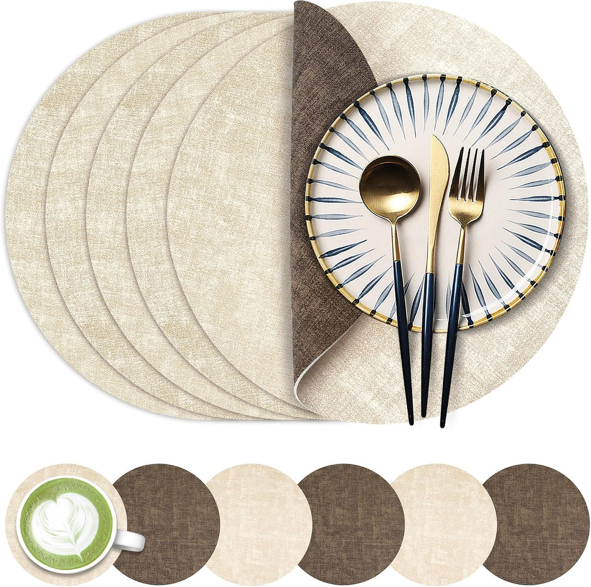 Fyvva Placemats Set of 6, 13" Round Reversible Faux Leather with Coasters