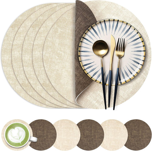 Fyvva Placemats Set of 6, 13" Round Reversible Faux Leather with Coasters