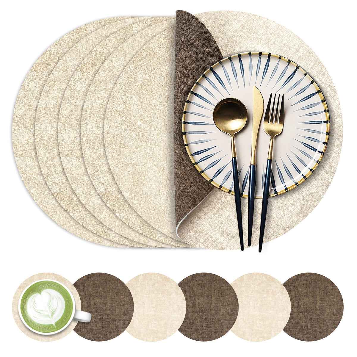 Fyvva Placemats Set of 6, 13" Round Reversible Faux Leather with Coasters