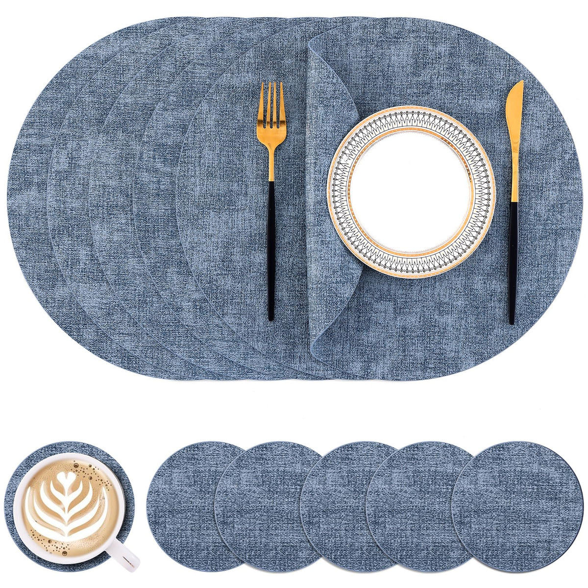 Homaxy Round Faux Leather Placemats and Coasters, Set of 6, Beige