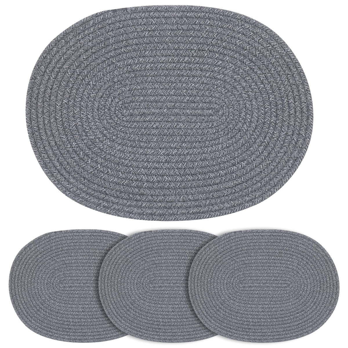 Oval Woven Cotton Placemats Set of 6, Thick Braided Rope Table Mats, 17 x 13 Inches Large Non Slip Heat Resistant Place Mats for Dining Table, Farmhouse Boho Hot Pads for Kitchen Decor (6, Black)