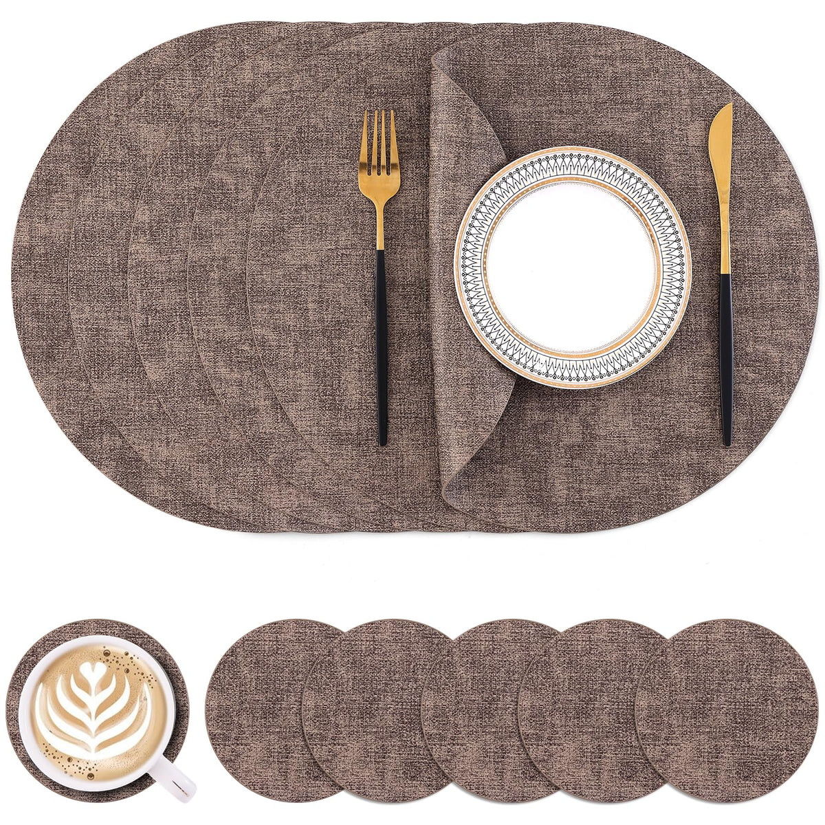 Homaxy Round Faux Leather Placemats and Coasters, Set of 4, Beige