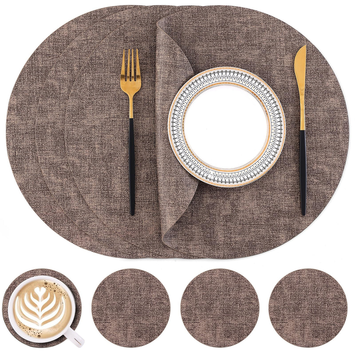 Homaxy Round Faux Leather Placemats and Coasters, Set of 4, Beige