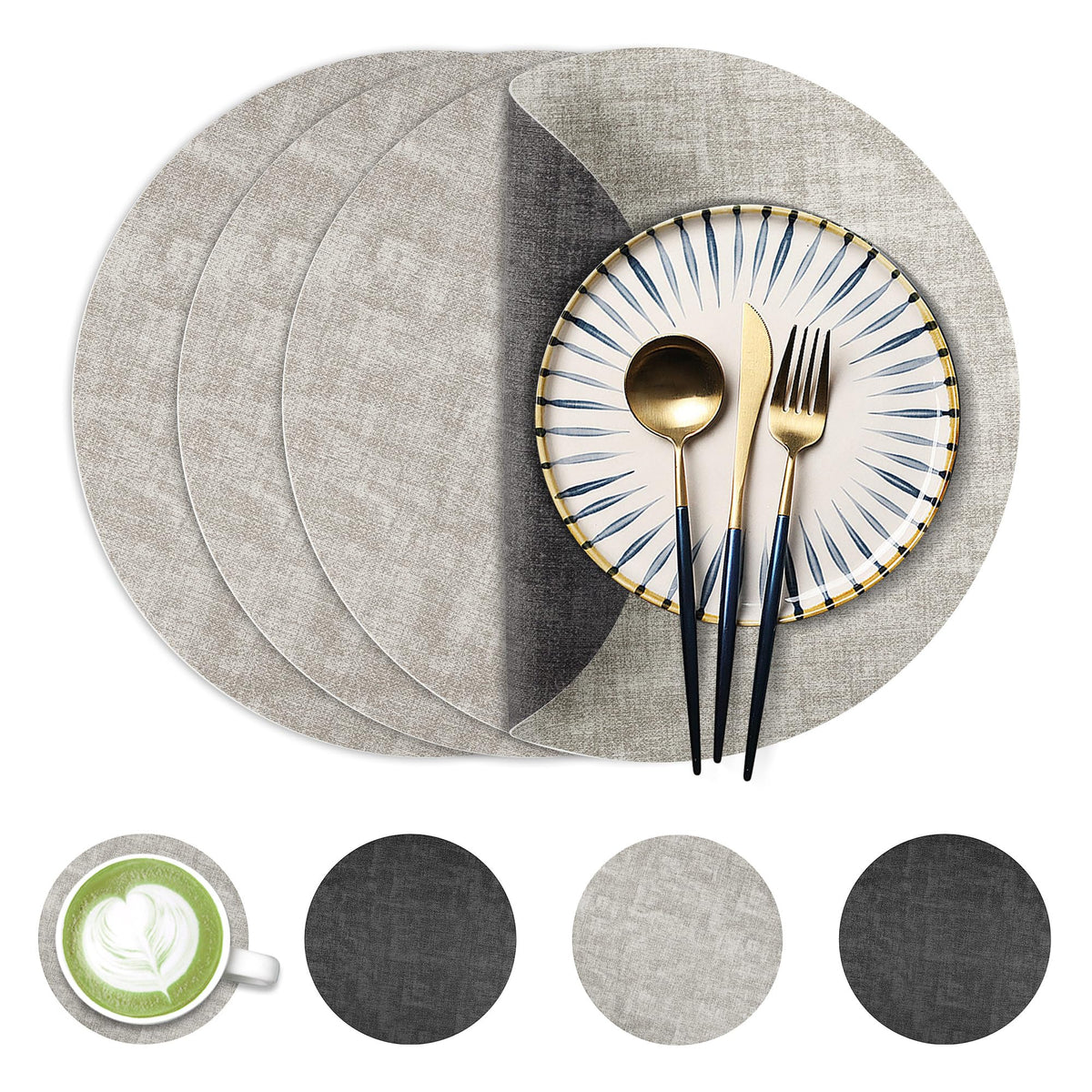 Fyvva Placemats Set of 6, 13" Round Reversible Faux Leather with Coasters