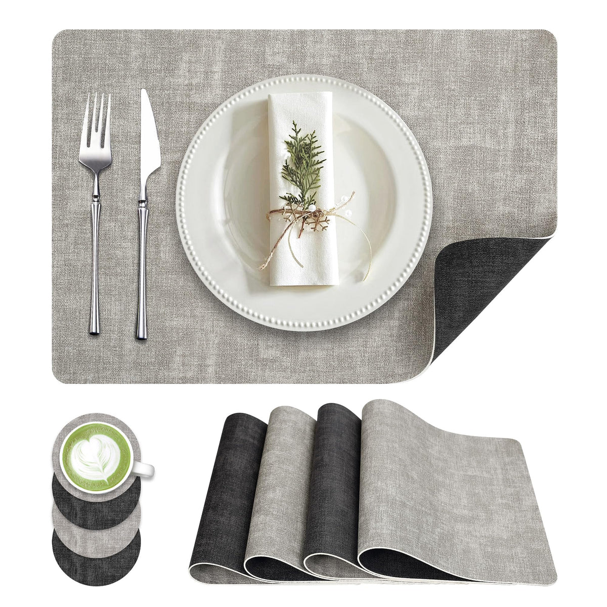 Fyvva Placemats Set of 6, 13" Round Reversible Faux Leather with Coasters