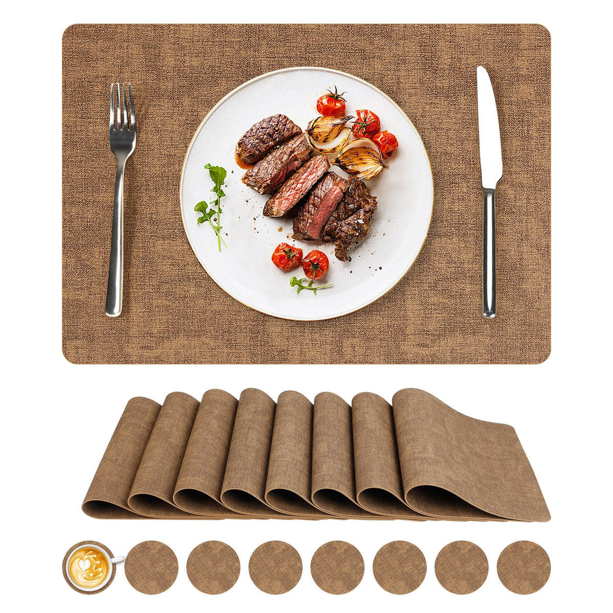 NCUE Vinyl Placemats Set of 8, 17"x12" Wipeable Place Mats with Coasters