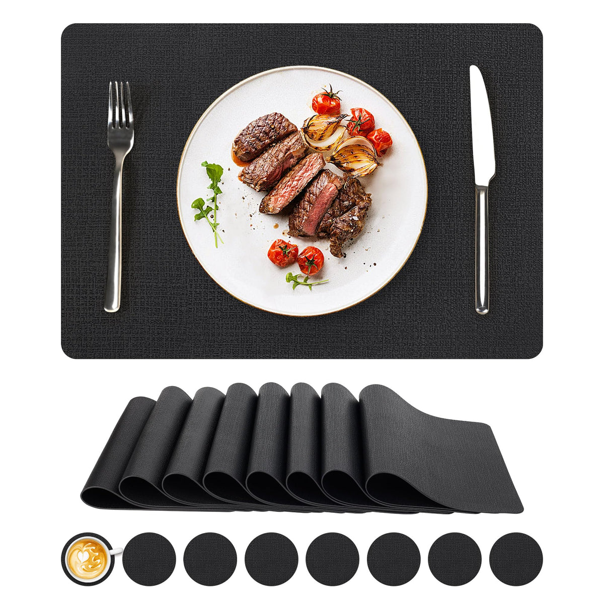 NCUE Vinyl Placemats Set of 8, 17"x12" Wipeable Place Mats with Coasters