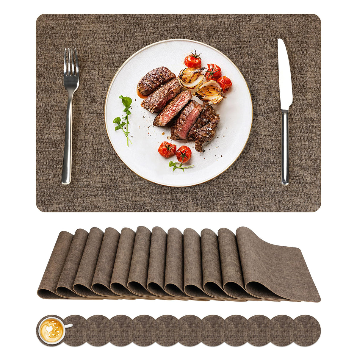 NCUE Vinyl Placemats Set of 8, 17"x12" Wipeable Place Mats with Coasters