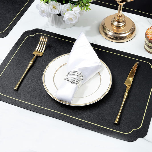 fanquare Black Faux Leather Placemats with Gold Trim Placemats and Coasters Set of 6 Large Rectangular Table Mats Heat Resistant and Easy to Clean