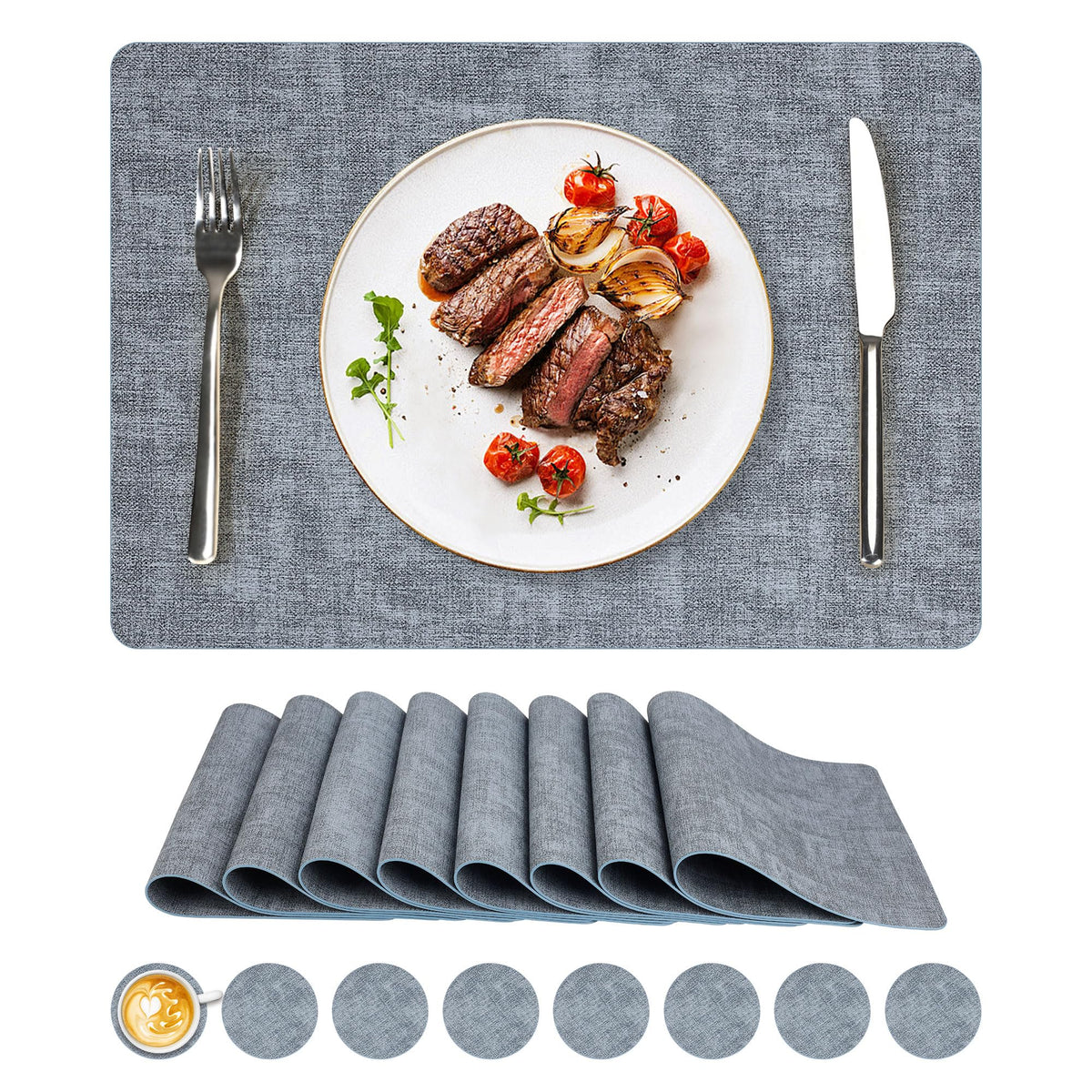 NCUE Vinyl Placemats Set of 8, 17"x12" Wipeable Place Mats with Coasters