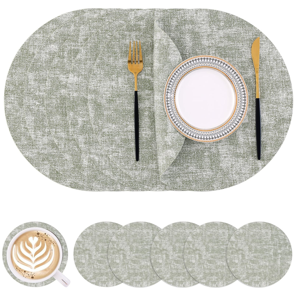 Homaxy Round Faux Leather Placemats and Coasters, Set of 6, Beige