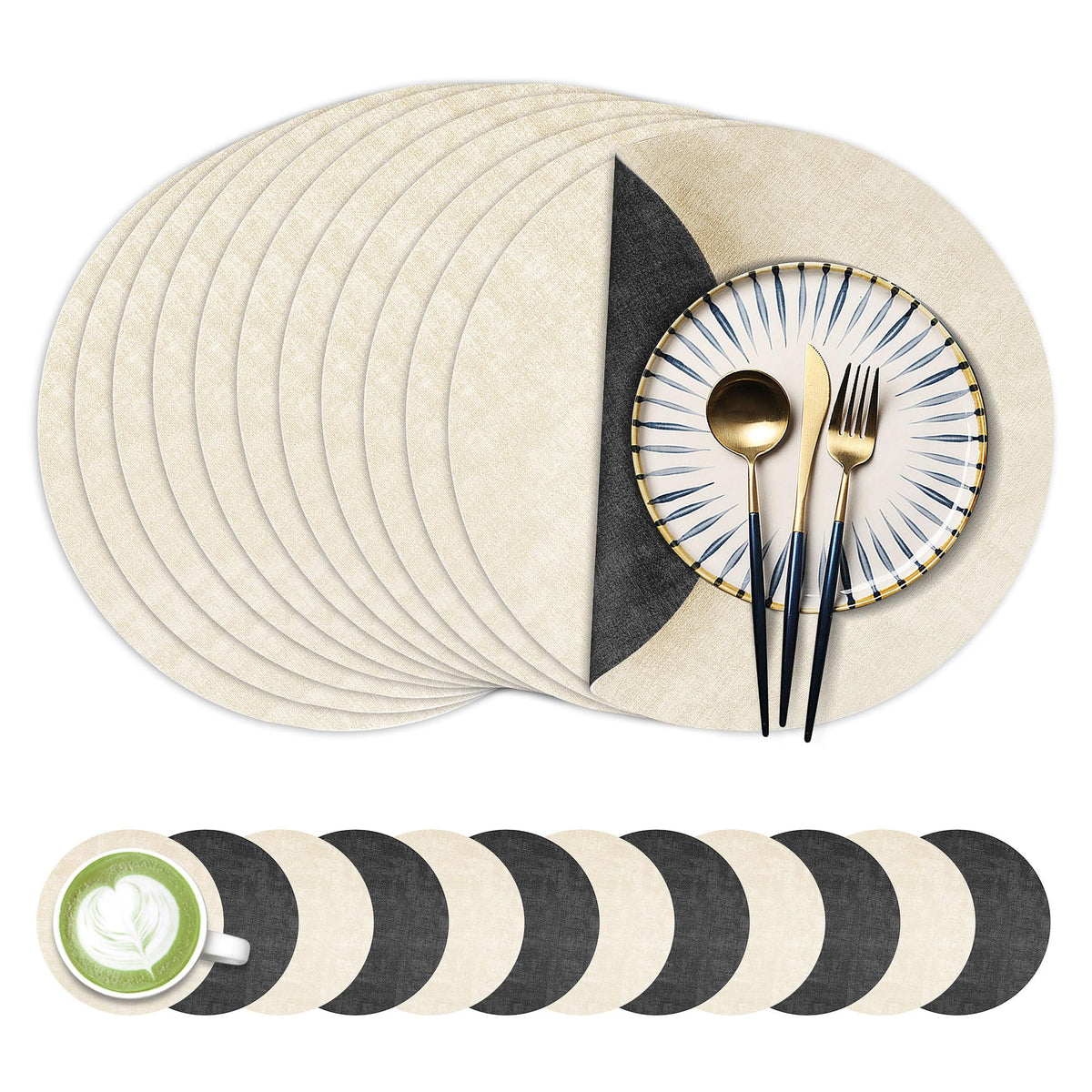 Fyvva Placemats Set of 6, 13" Round Reversible Faux Leather with Coasters