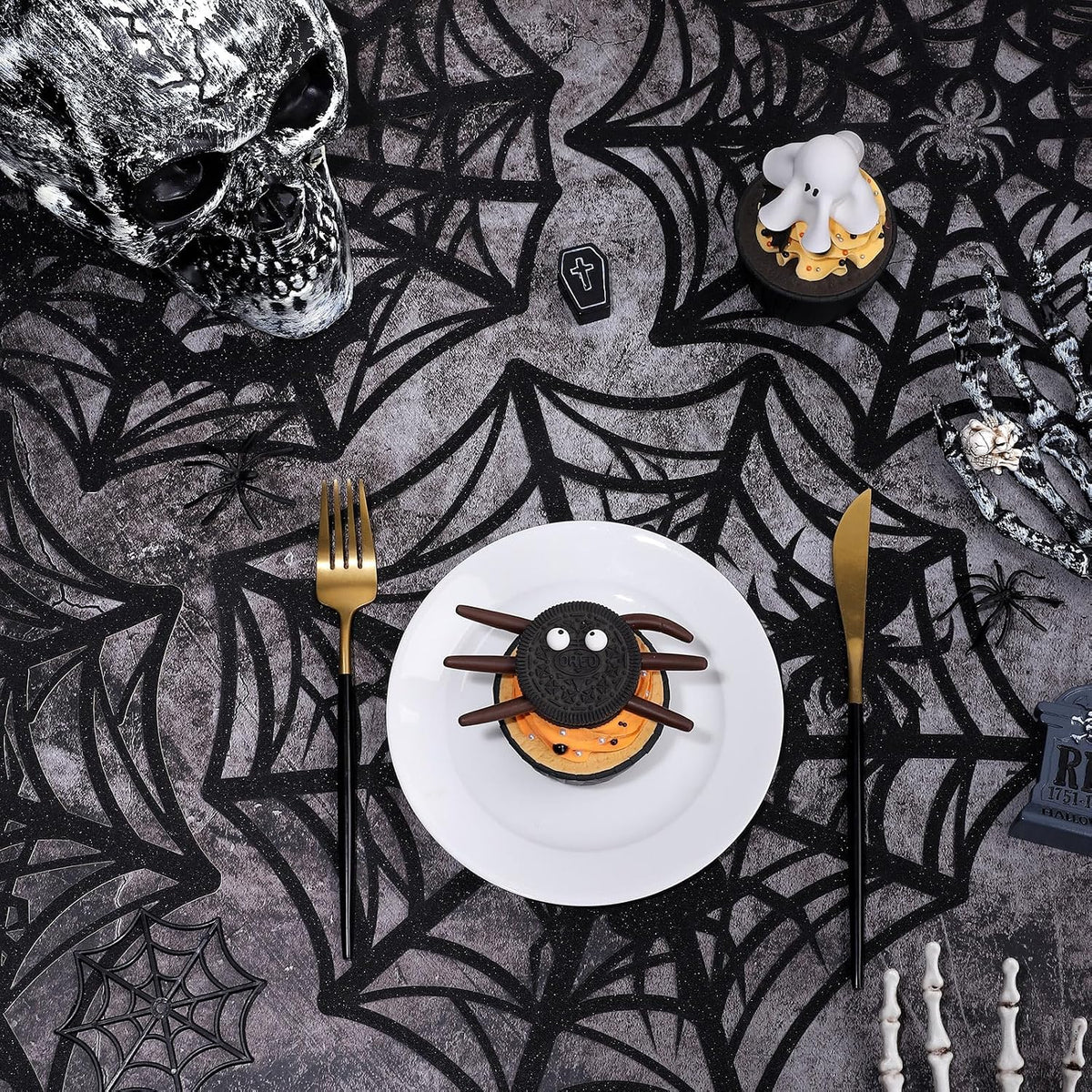 JarThenaAMCS 60Pcs Halloween Glitter Spider Web Disposable Paper Placemats Black Spiderweb Dining Table Mat Place Mats for Trick or Treat Party Home Table Setting, 13 x 13 Inch