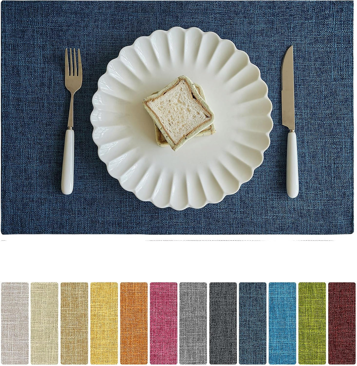 Softalker Faux Linen Cloth Placemats Set of 6-12 x 18 Inch, Navy