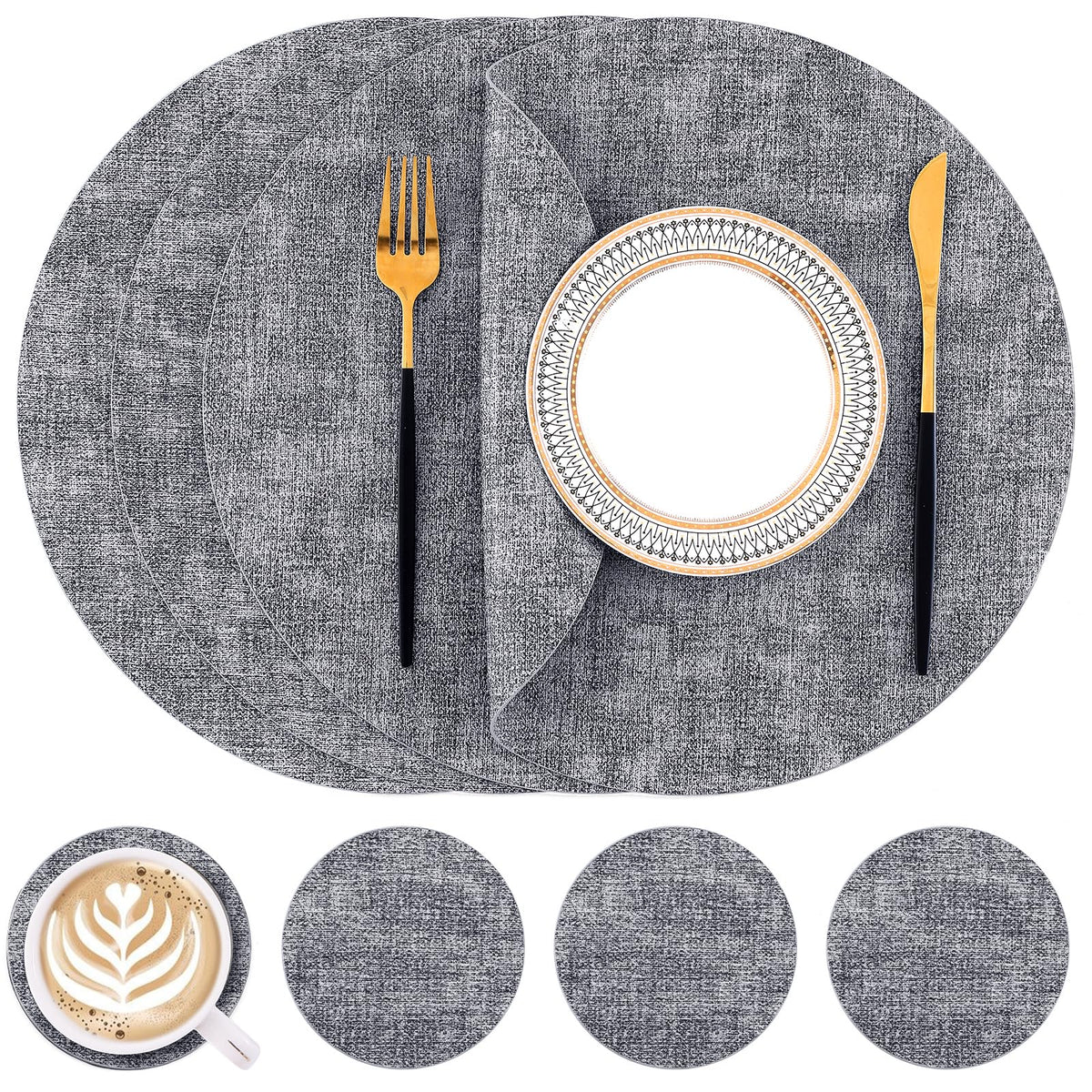 Homaxy Round Faux Leather Placemats and Coasters, Set of 6, Beige
